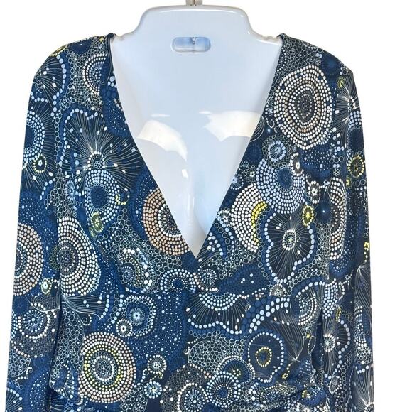 BCBGMAXAZRIA 2 Piece Set V-Neck Top Asymmetrical Skirt Navy Green Geo Print SZ M - Picture 3 of 13